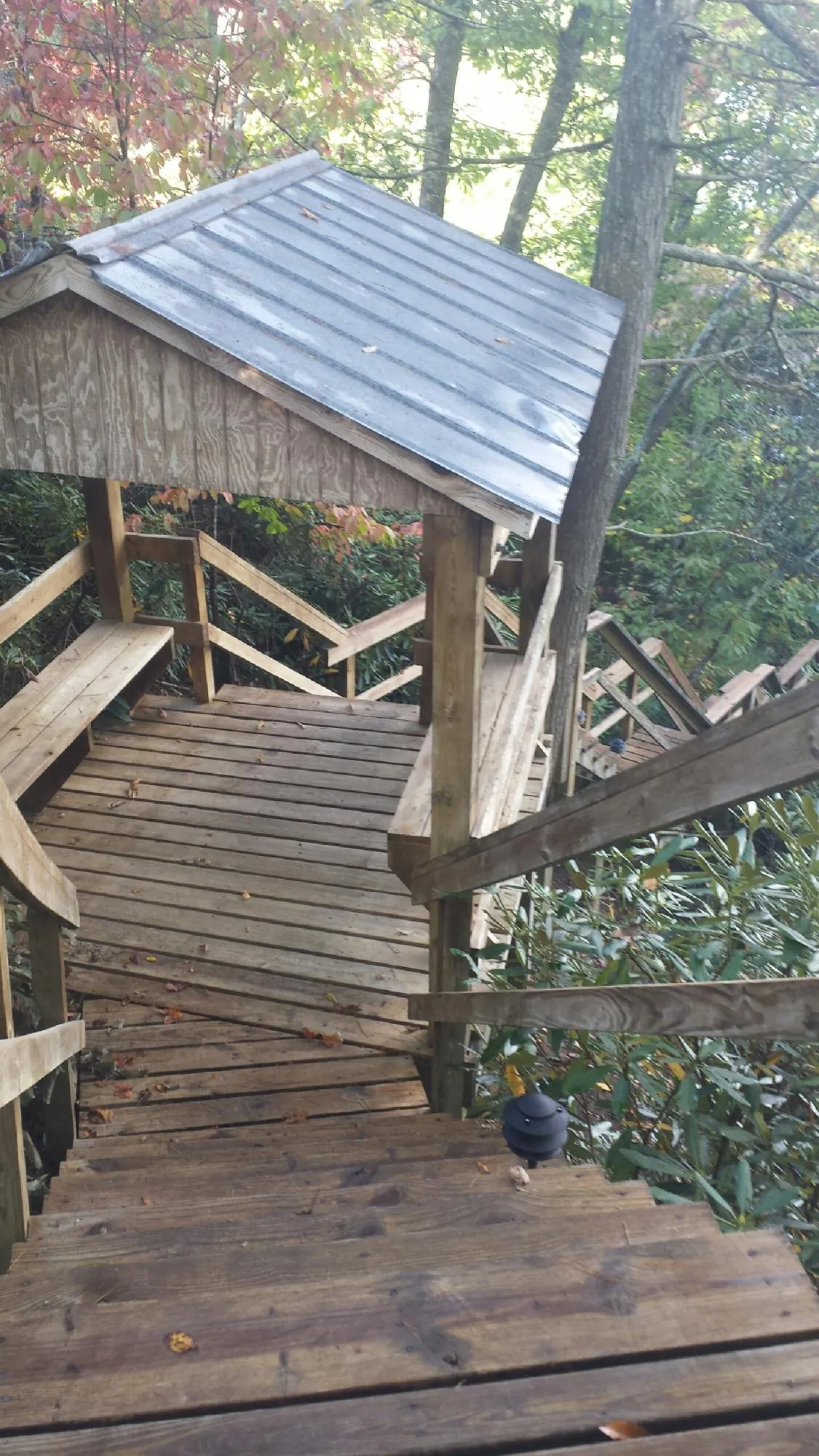 Metal roofed shelter over wooden steps on a wooded walkway — Skylight Repair & Installation work by our crew in Pine Meadow
